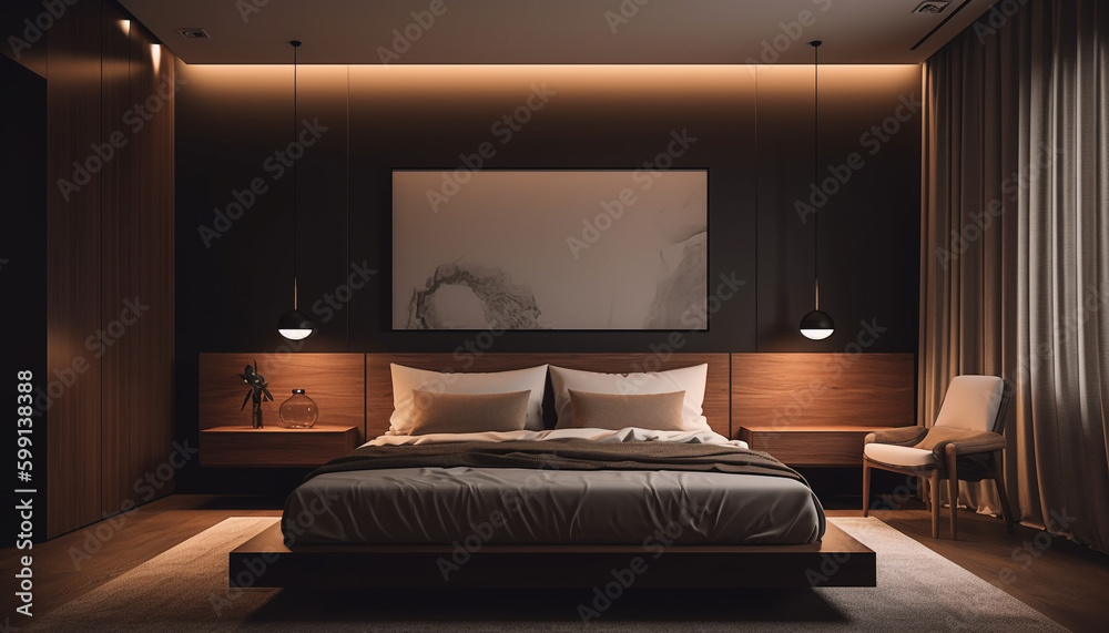 Luxury modern bedroom with comfortable illuminated bedding generated by AI