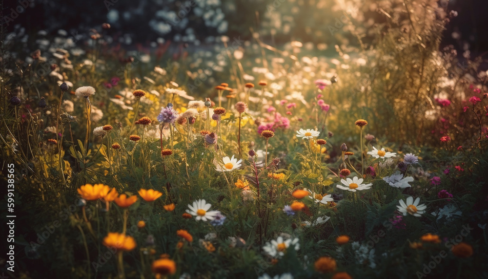 Yellow daisy blossoms in tranquil meadow sunset generated by AI