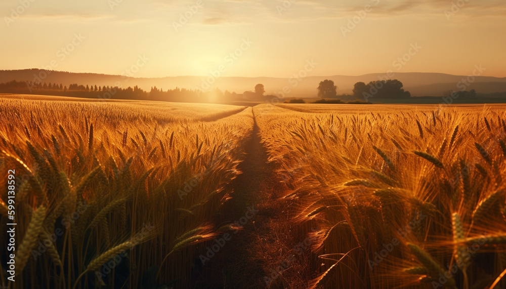 Golden wheat fields glow in the sunset generated by AI