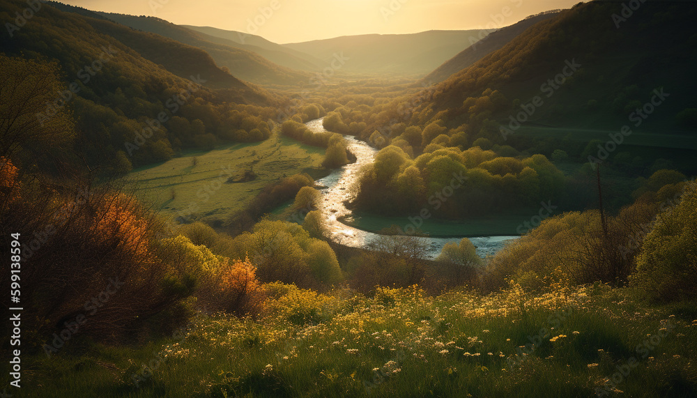 Tranquil meadow reflects multi colored autumn foliage generated by AI