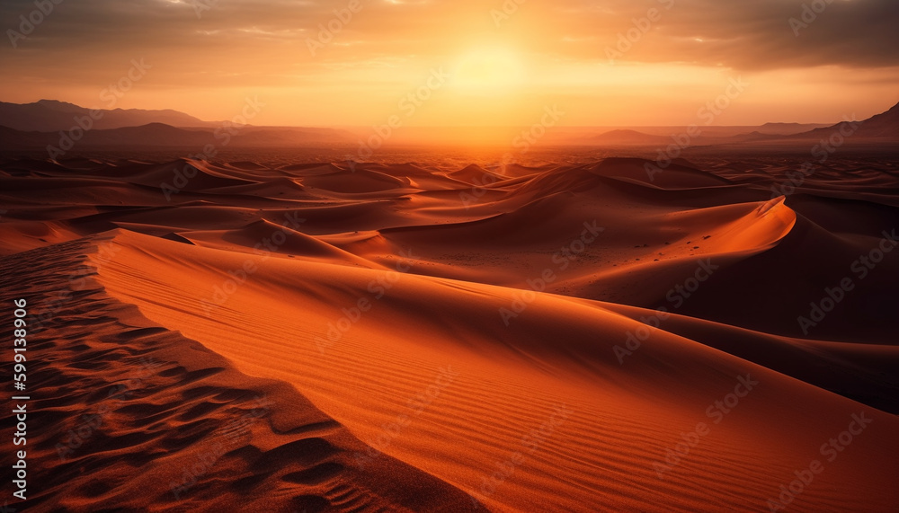 Rippled sand dunes, majestic mountains at sunset generated by AI