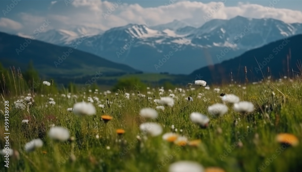 Mountain range blooms with wildflowers in summer generated by AI