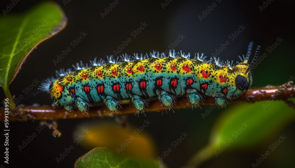 Multi colored caterpillar crawls on green plant leaf generated by AI