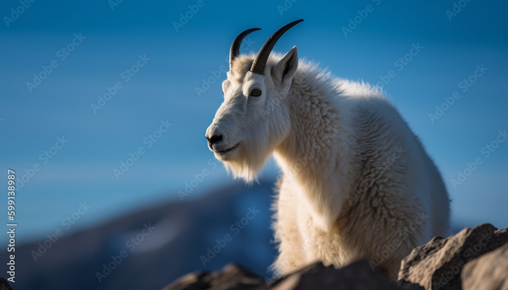 Horned goat grazing on mountain meadow generated by AI