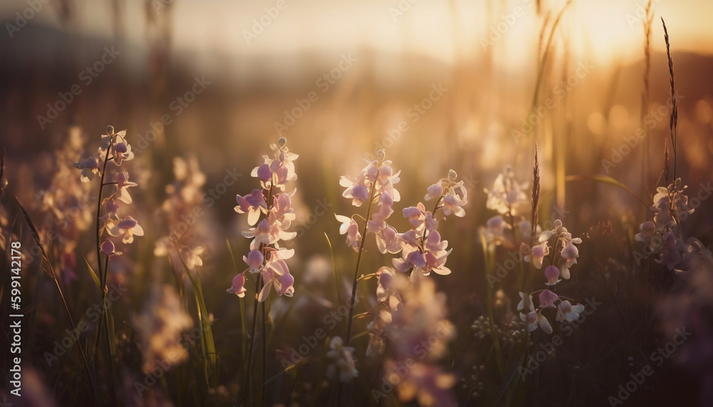 Vibrant wildflowers bloom in tranquil meadow sunset generated by AI