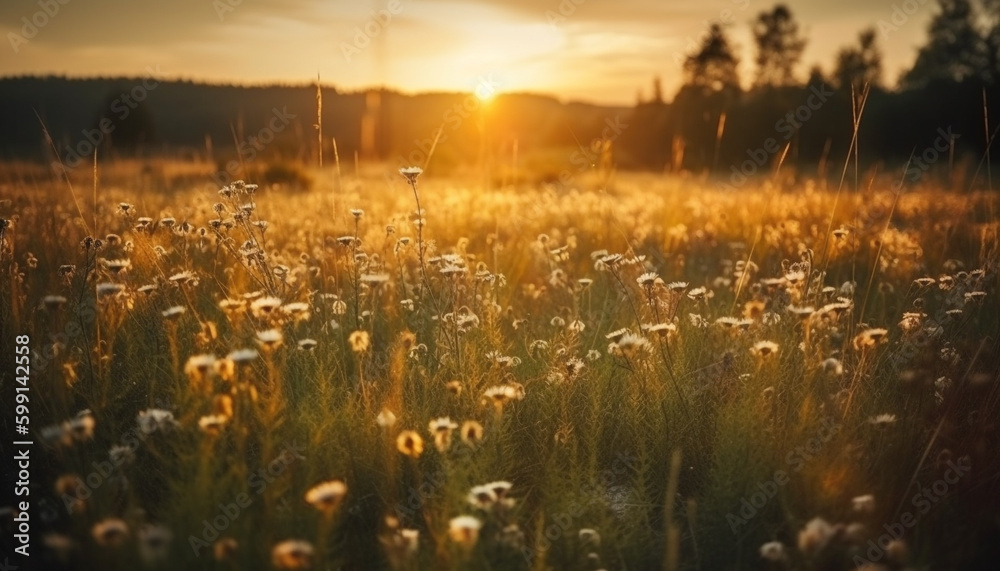 Vibrant wildflowers bloom in tranquil meadow sunset generated by AI