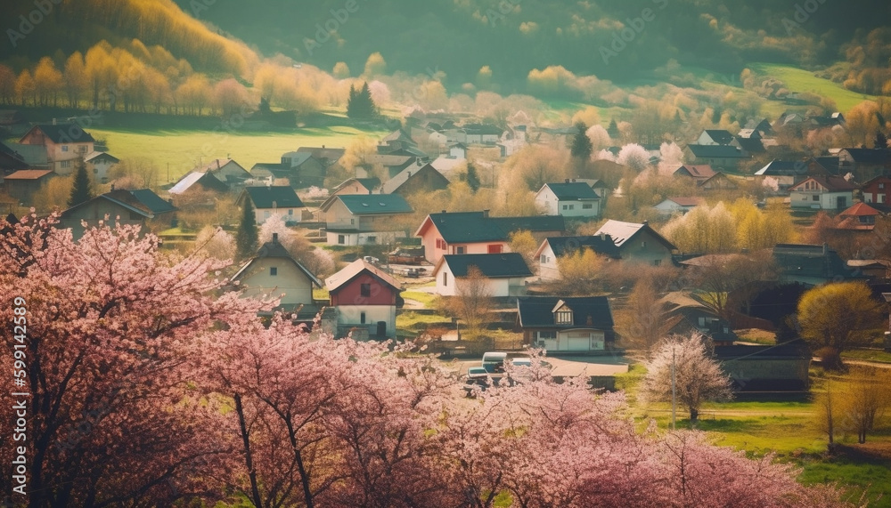 Mountain landscape, tree branch, pink cherry blossom generated by AI