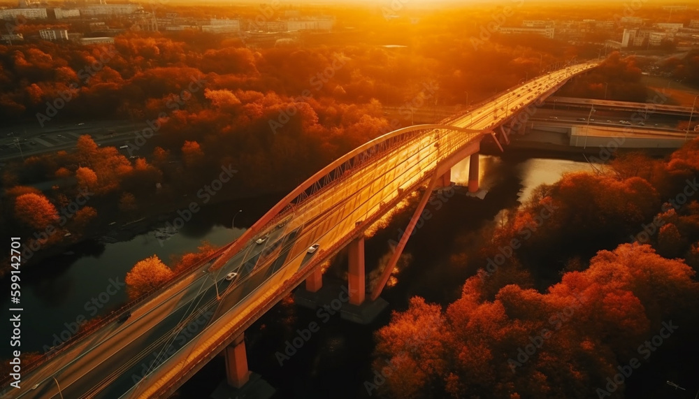 Sunset illuminates city skyline, bridge reflects in water generated by AI