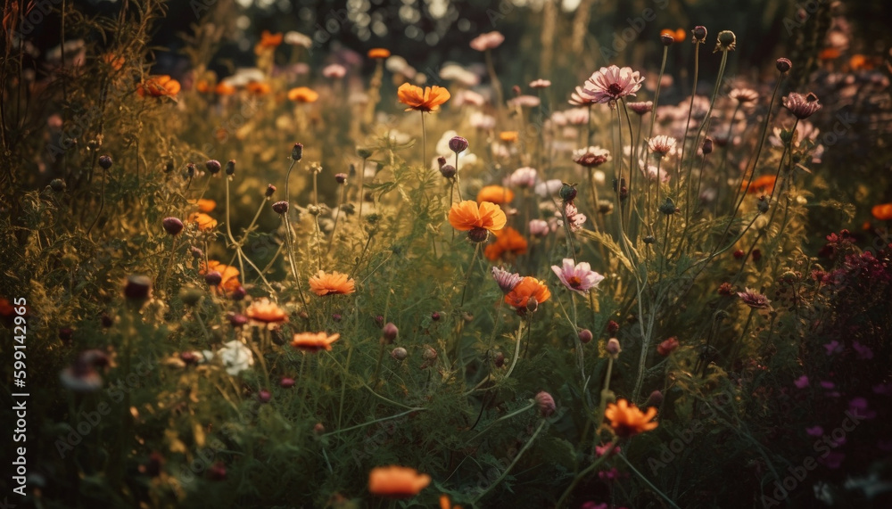 Wildflower meadow in summer, beauty in nature generated by AI