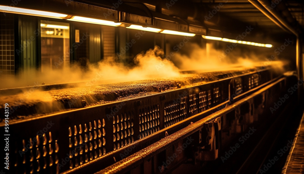 Glowing steel mill pours liquid metal indoors generated by AI