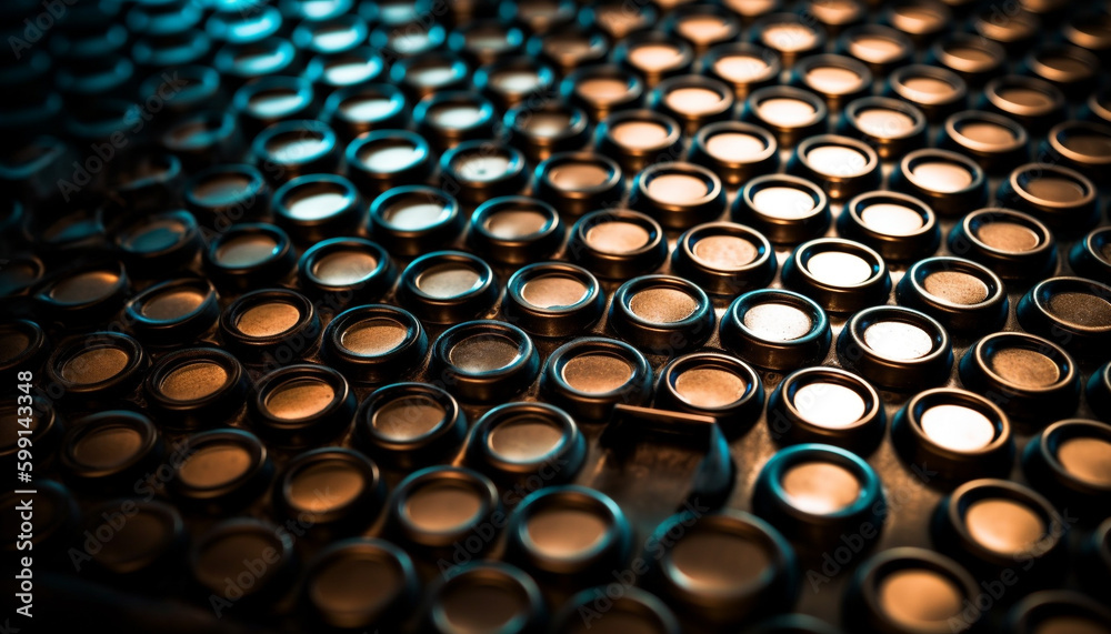 Shiny metallic bottles stacked in abstract pattern generated by AI