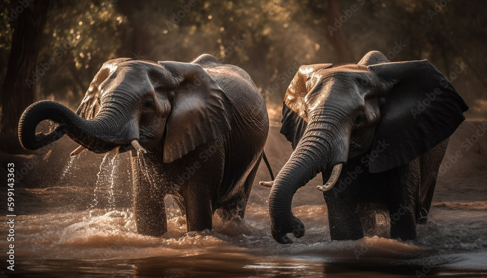 African elephant herd walking in tropical wilderness generated by AI