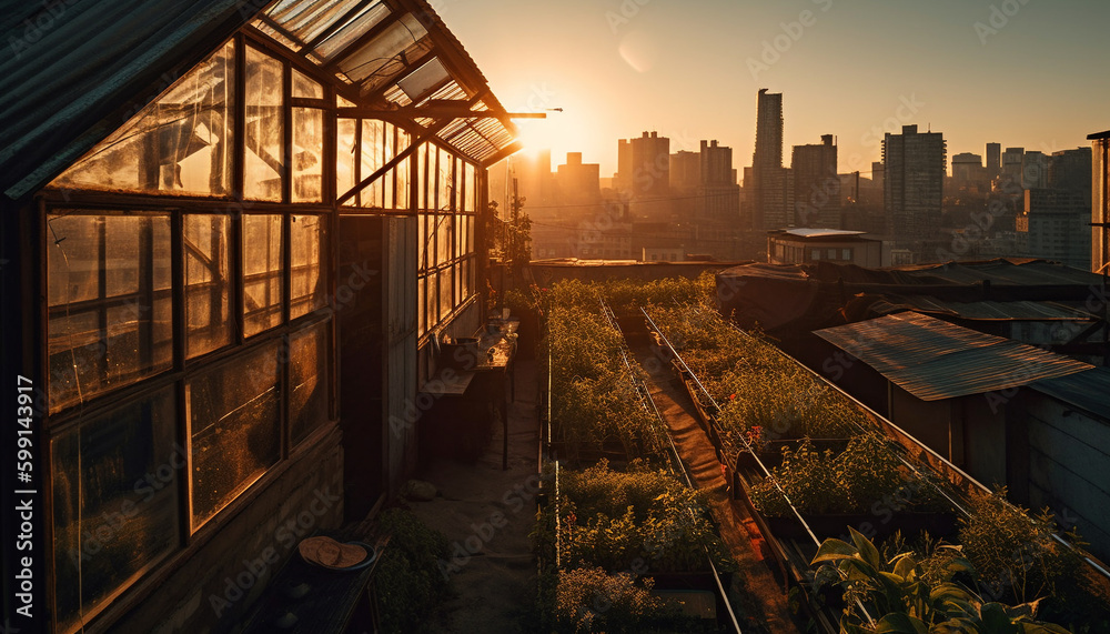 Sunset illuminates modern skyscrapers in the city generated by AI