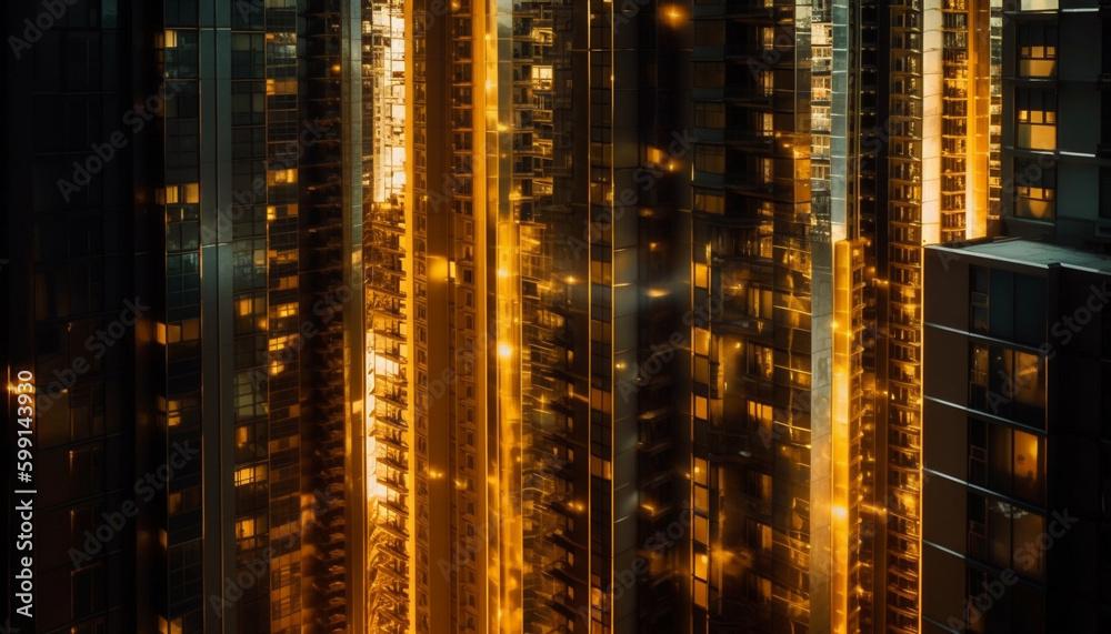 Glowing skyscrapers illuminate the modern city skyline generated by AI