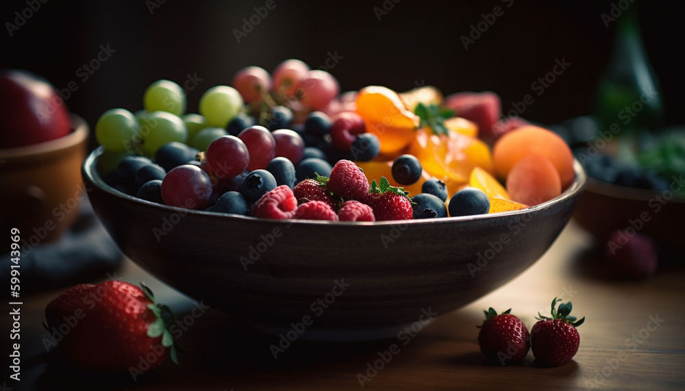 Fresh berry fruit bowl, healthy gourmet snack generated by AI