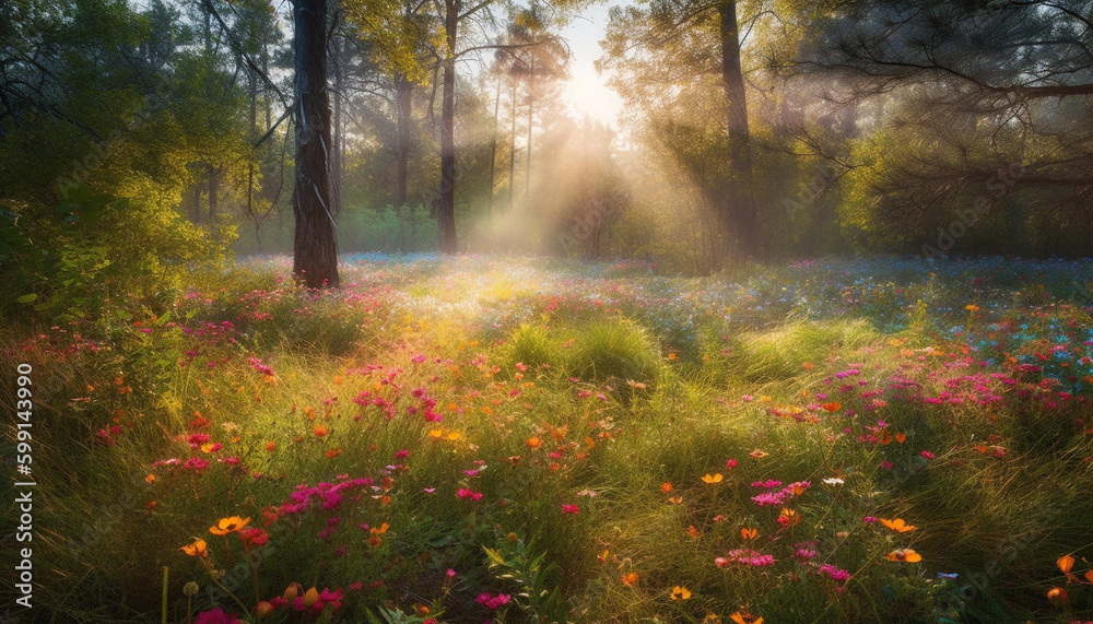 Vibrant wildflowers bloom in tranquil meadow scene generated by AI