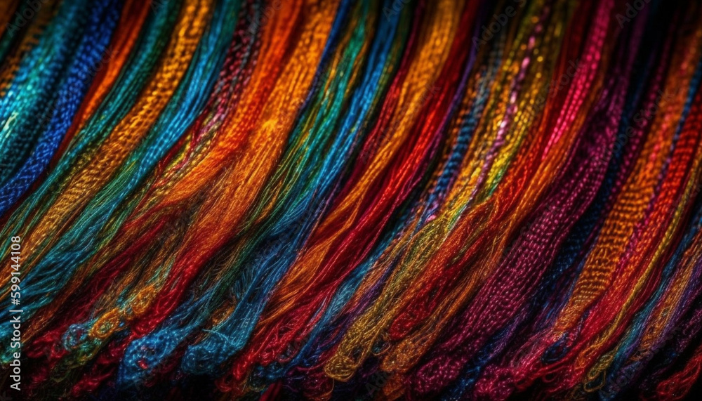 Woven rainbow wool creates vibrant textured backdrop generated by AI