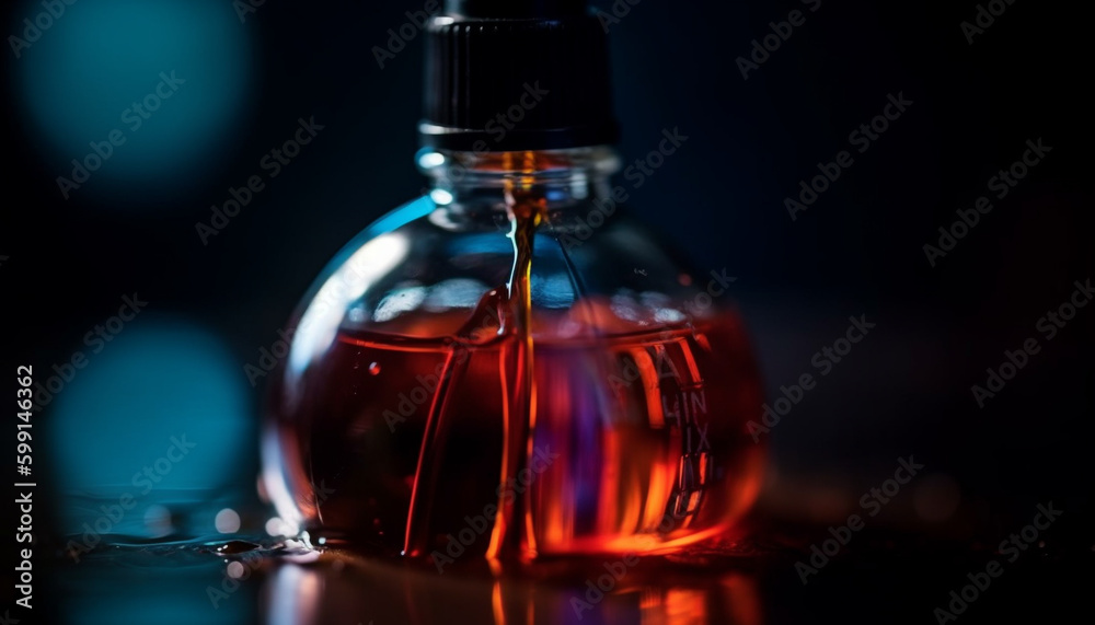 Liquid drop reflects blue whiskey bottle at night generated by AI