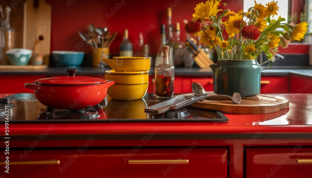 Yellow ladle and spoon on wooden table generated by AI