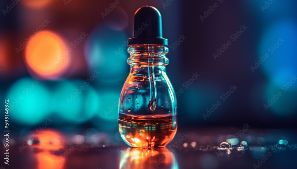 Glowing whiskey bottle on table, illuminated blue generated by AI