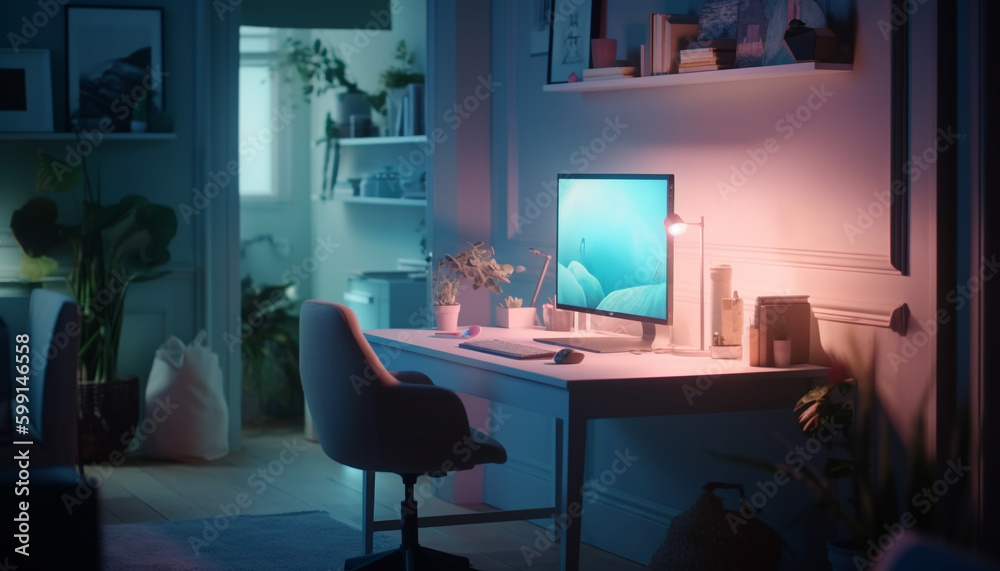 Modern apartment illuminated by electric lamp at dusk generated by AI