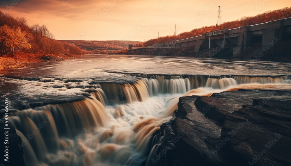 Flowing water generates electricity, illuminating nature beauty generated by AI