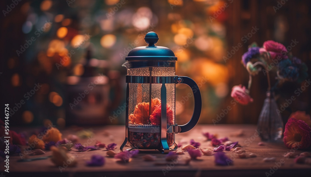 Hot tea and fruit on rustic table generated by AI