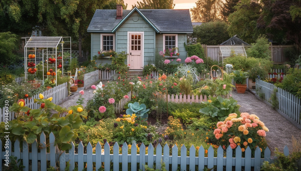 Fresh flowers bloom in rustic cottage garden generated by AI