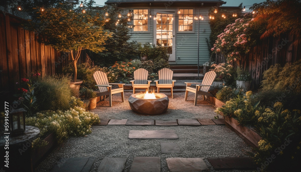 Luxury porch bench illuminated by lantern at dusk generated by AI