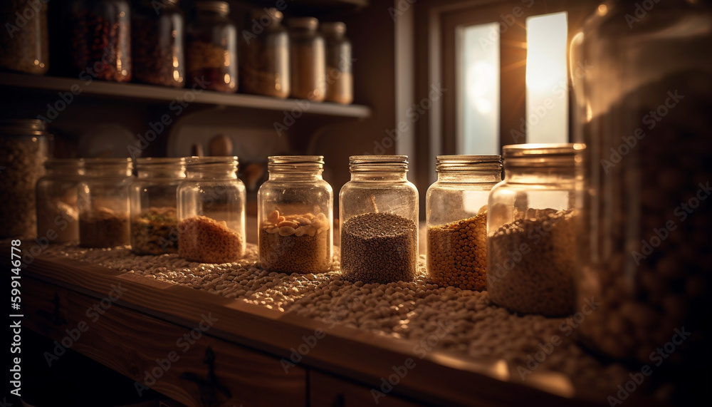 Organic spice jar collection on wooden table generated by AI