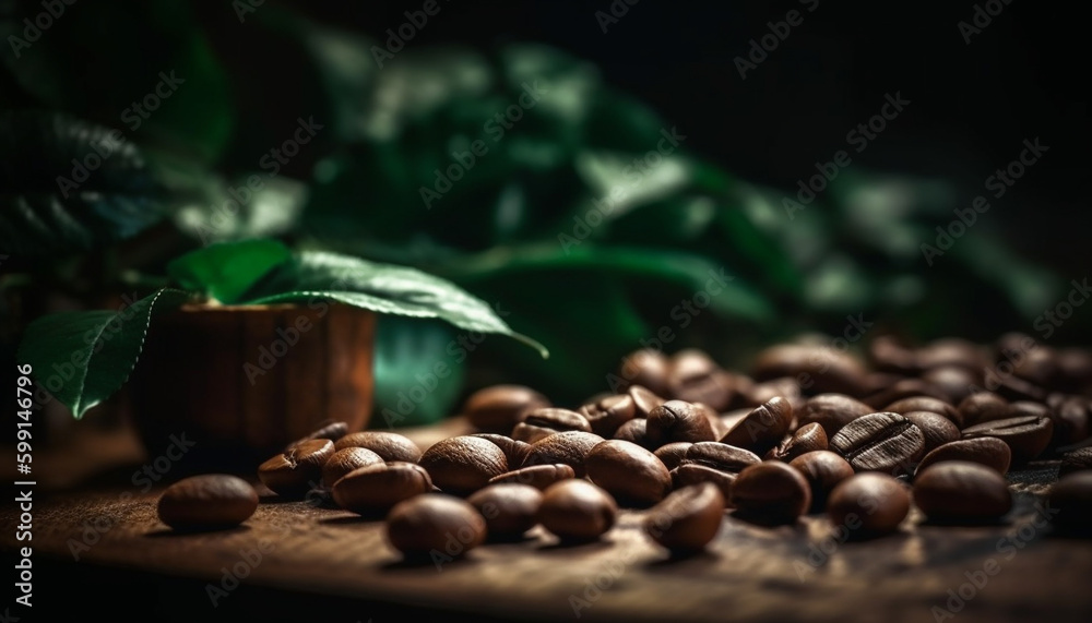 Fresh coffee bean heap on rustic wood table generated by AI