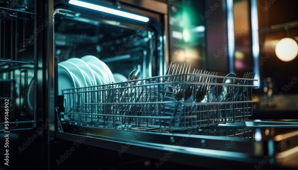 Clean crockery stacked on modern stainless steel shelf generated by AI