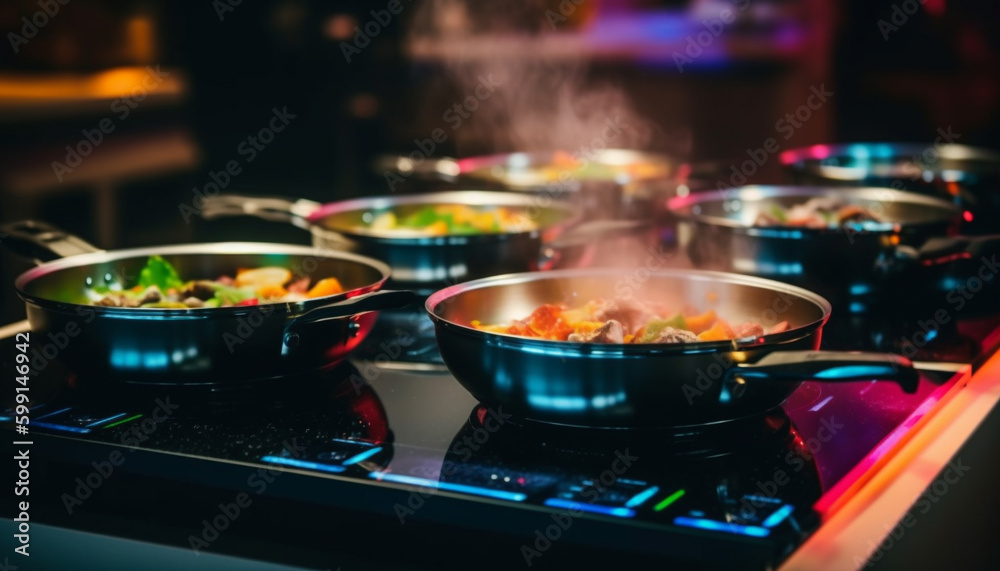 Fresh vegetables sizzle on hot stove top generated by AI