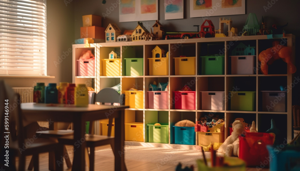 Child playing with toys on colorful table generated by AI