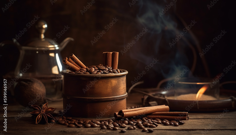 Steam rises from fresh coffee on rustic table generated by AI