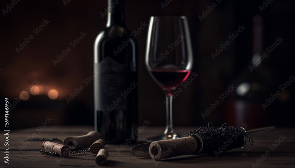 Luxury red wine bottle on rustic wood table generated by AI