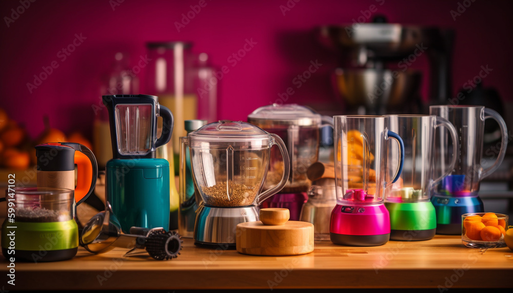 Fresh coffee making equipment on wooden table generated by AI