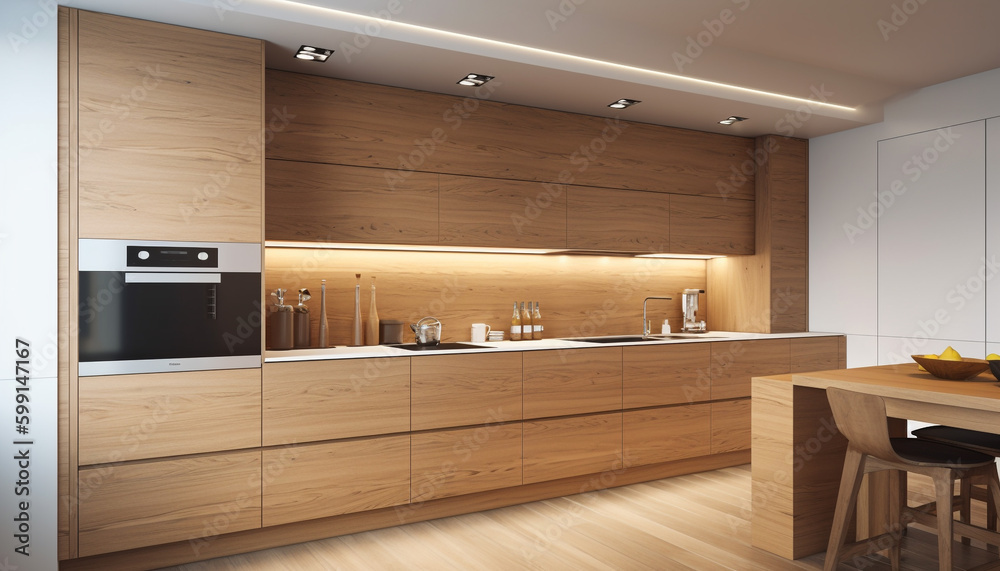 Elegant modern kitchen with hardwood flooring and marble generated by AI