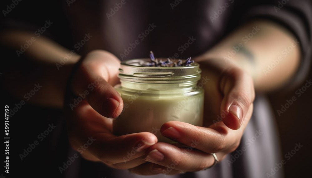 Young women holding jar of organic moisturizer generated by AI