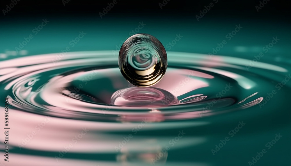 Smooth sphere of water reflects abstract wave pattern generated by AI