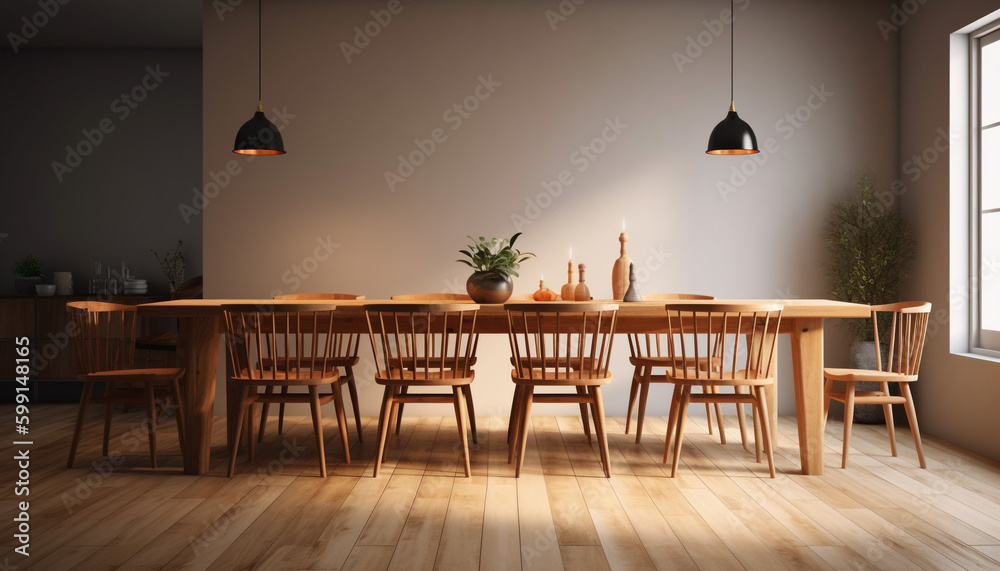 Comfortable dining space illuminated by modern lighting equipment generated by AI