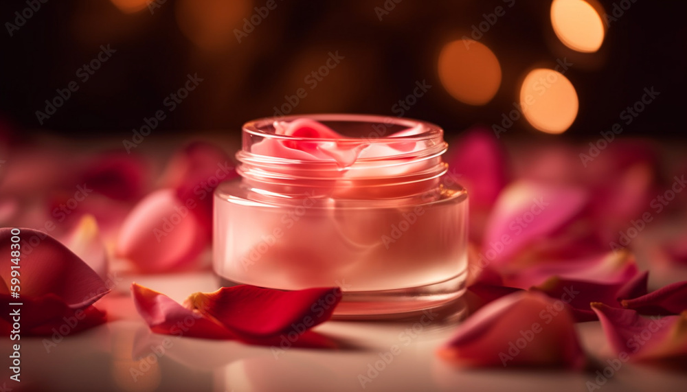 Glowing candle illuminates pink rose petal romance generated by AI