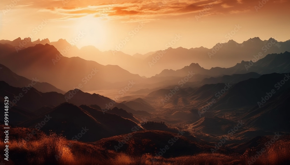 Majestic mountain range silhouettes at sunset generated by AI