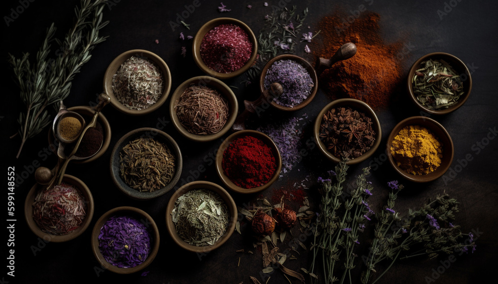 Aromatic seasoning collection in wooden bowl indoors generated by AI