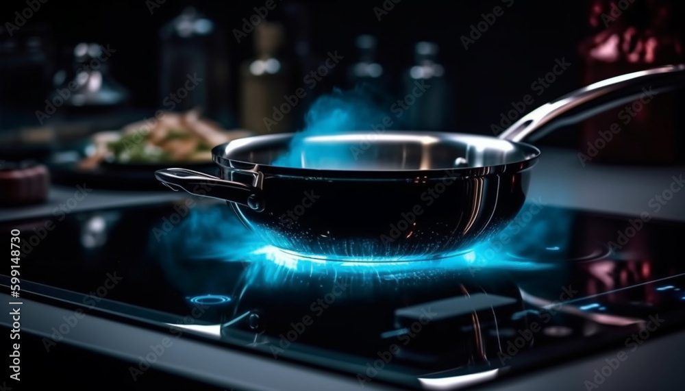 Boiling saucepan on stainless steel stove top generated by AI