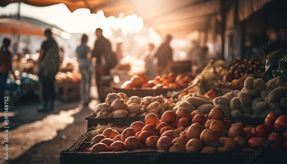 Fresh organic fruits and vegetables sold outdoors generated by AI