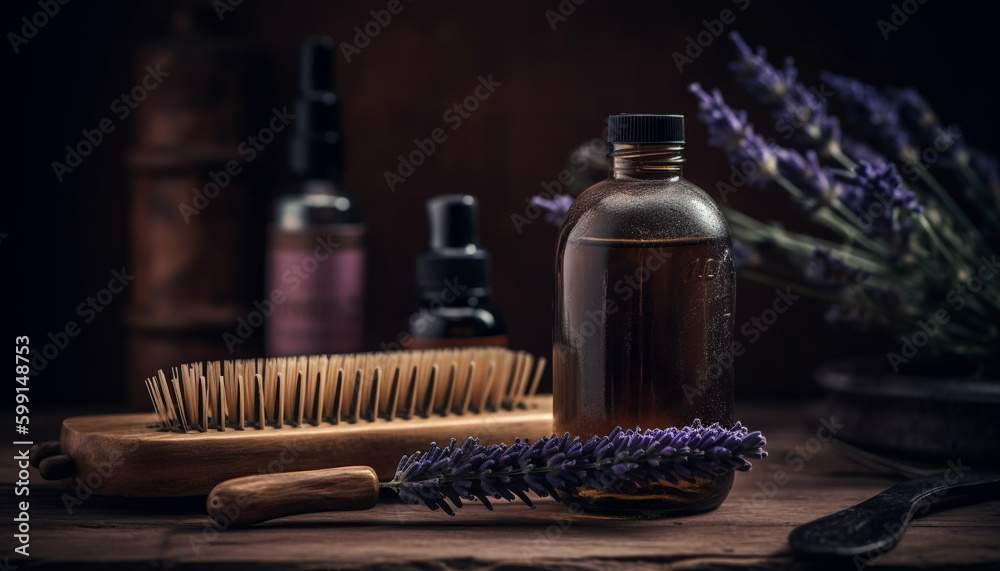 Herbal aromatherapy oil in purple beauty bottle generated by AI