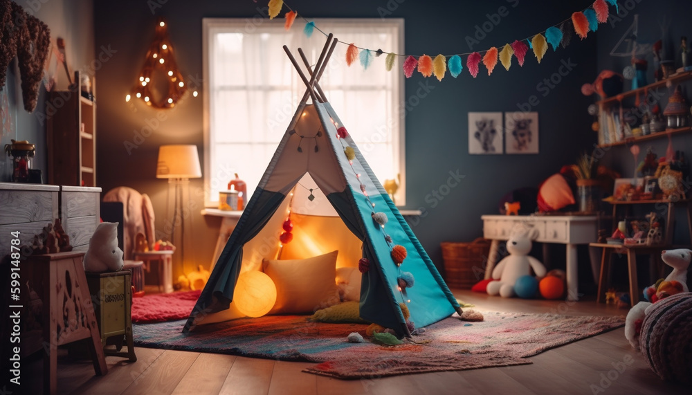 Cute child plays with toys in illuminated tent generated by AI