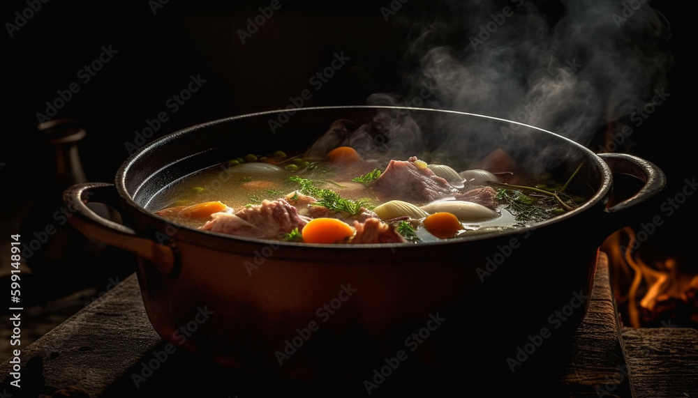 Grilled pork and vegetable soup for lunch generated by AI