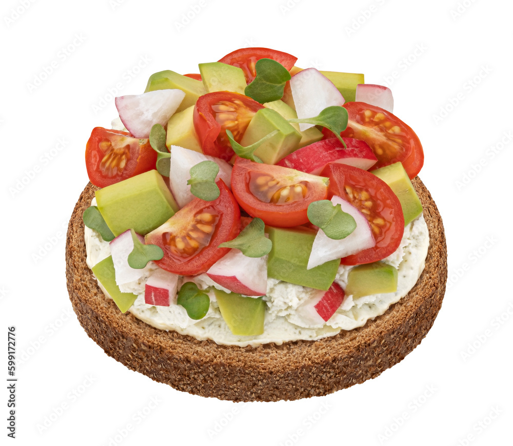 Rye bread slice with vegetable salad isolated on white background